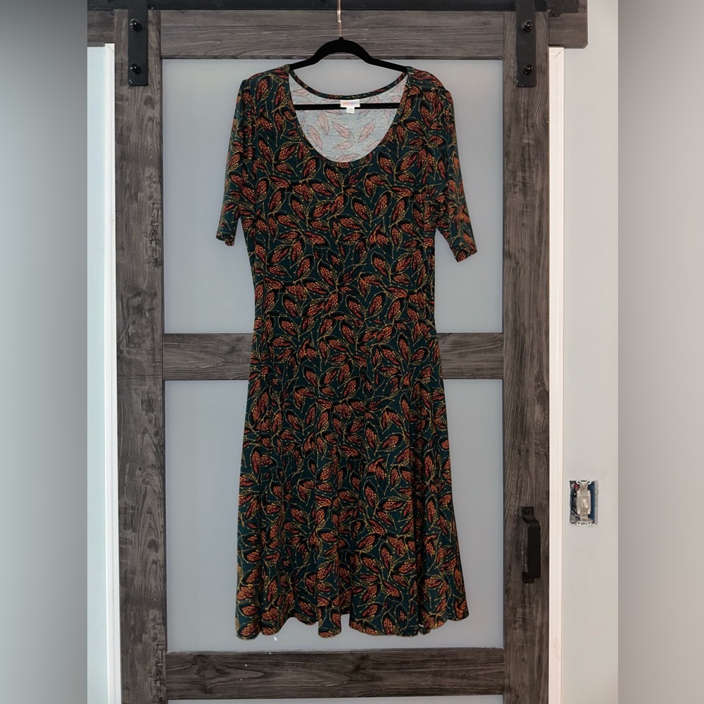 LuLaRoe Black and Orange Leaf Pattern Midi Dress